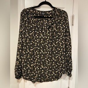 Premise Studio Black Yellow Floral Striped V Neck Tie Long Sleeve Blouse Size M